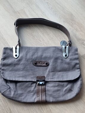 Kipling Taupe Canvas Messenger Bag with Brown Leather Trim